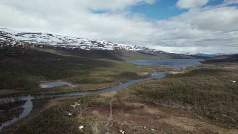 aerial view of stunning serene swedish river and lake landscape, summer on the kungsleden in the abisko national park