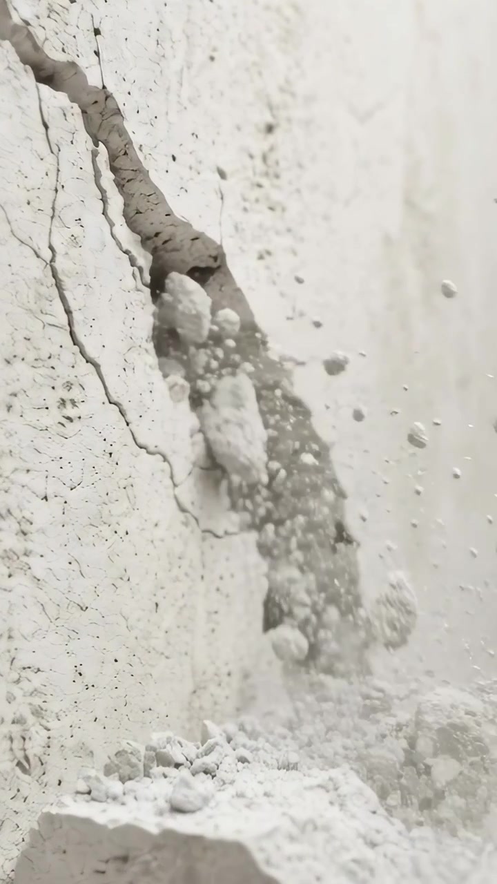 Video verticale: Crepa nel muro che rilascia polvere e detriti sul pavimento mentre si allarga, con una cavità visibile.