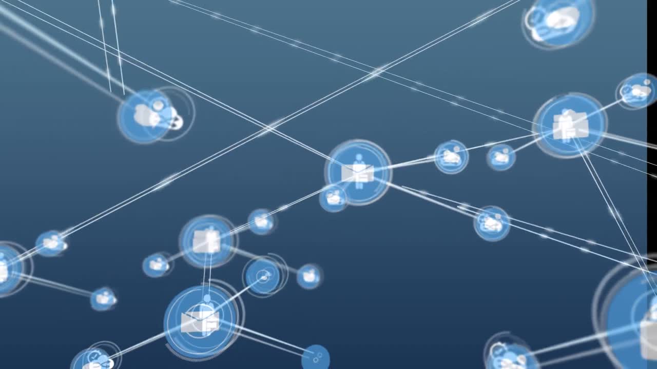 animación de una red de iconos digitales contra un fondo azul