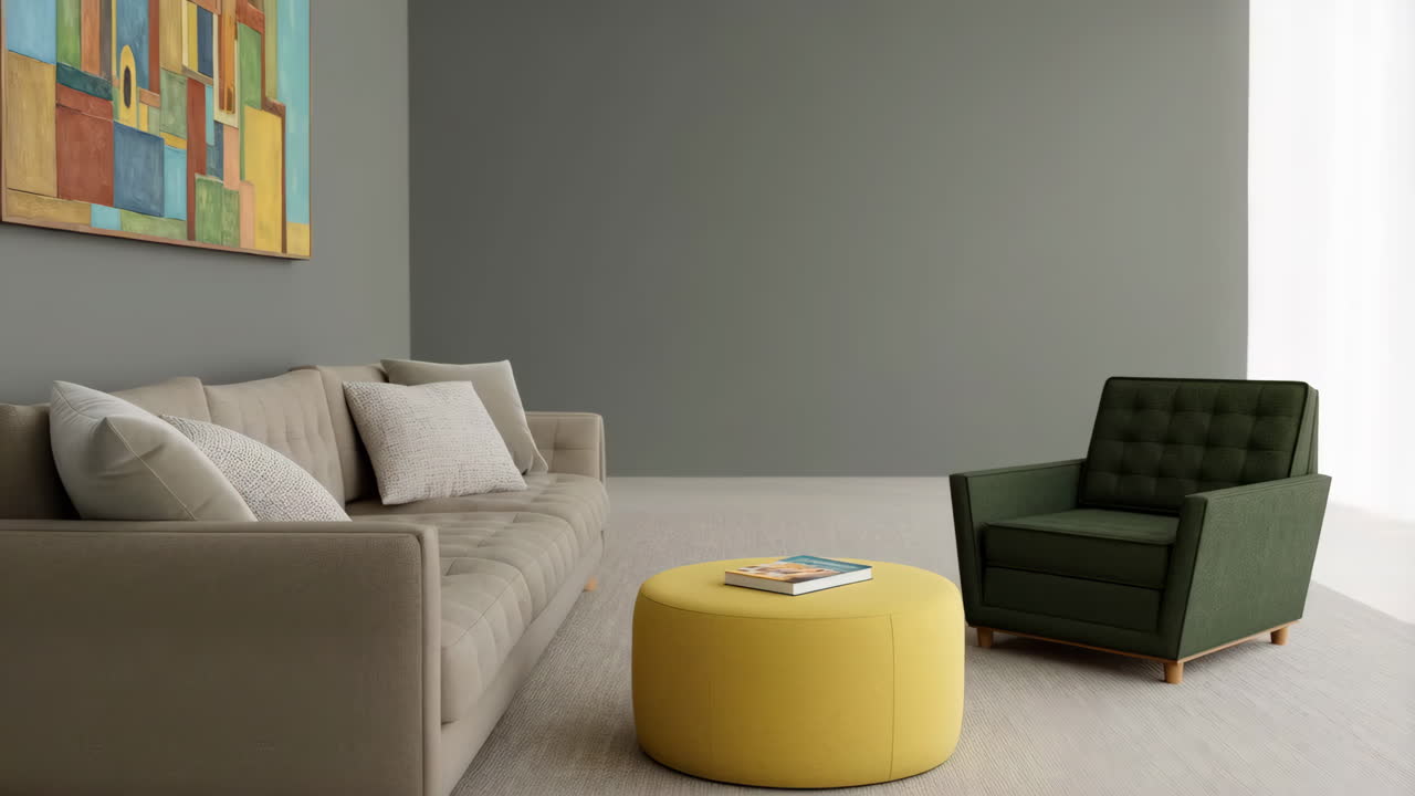 Interior de salón moderno con sofá, sillón y otomana