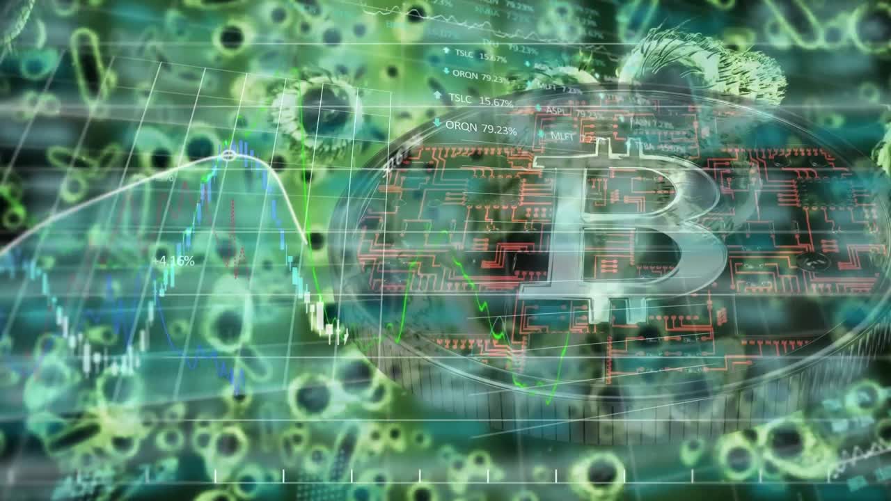 анимация обработки финансовых данных через биткоин и ячейки covid-19