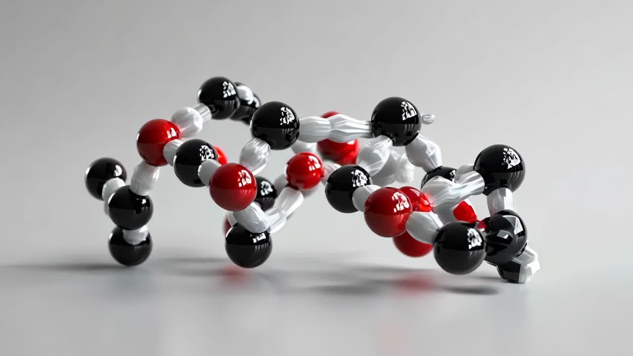 빨간색과 검은색 구를 가진 분자의 분자 모델