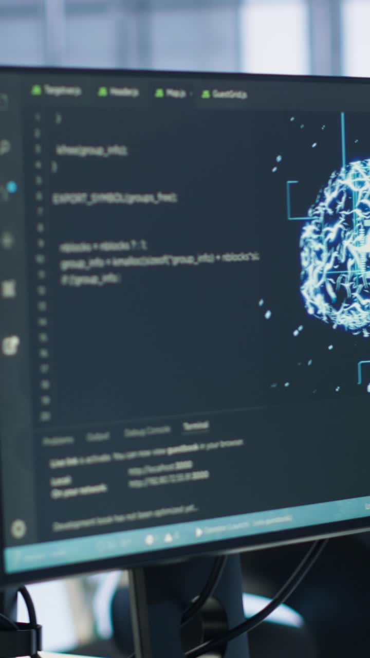 Computer Monitors Displaying Software Code and Artificial Intelligence Brain