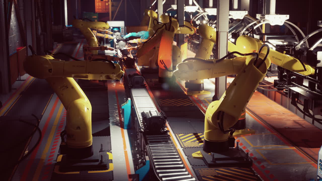 Automated assembly line with robotic arms in a modern factory setting