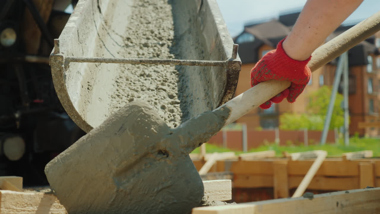 vierta hormigón de la mezcladora en el encofrado en el fondo de la construcción de nuevos edificios borrosos