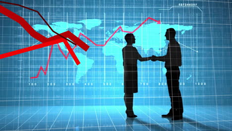 apretando la mano, hombres de negocios sobre la disminución de la animada gráfica del mercado de valores