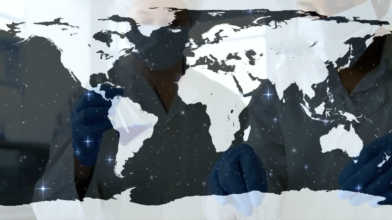 In school, animation overlaying scientists in lab coats conducting research