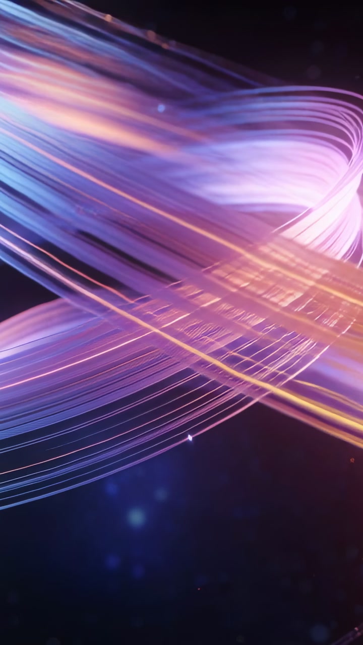 Vertical video: Entering from top-left, ribbon twisting into loops in dark void with particles