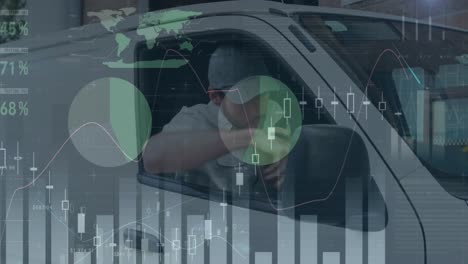 procesamiento de datos estadísticos sobre hombre de entrega caucásico hablando en un walkie talkie en su furgoneta