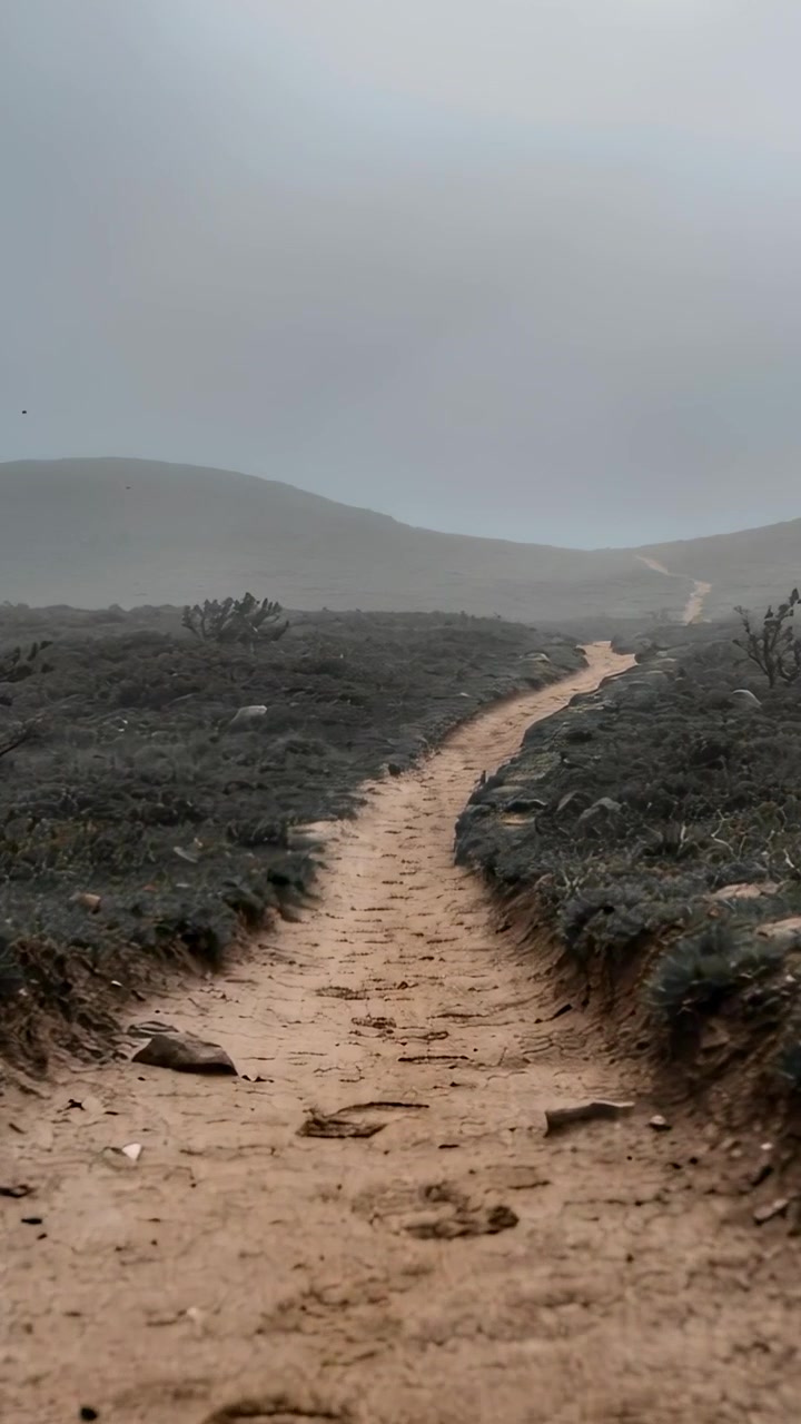 Video verticale: Telecamera che avanza mostrando un sentiero sabbioso che porta nella nebbia, impronte visibili