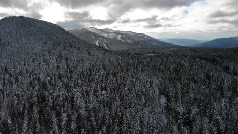 aerial drone moving forward over mountain range, mt hood national forest oregon usa