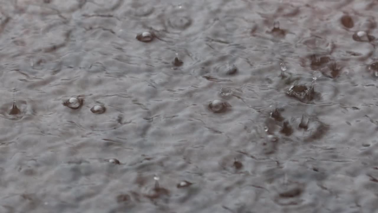 Heavy rain falling into puddle. Autumn. UK