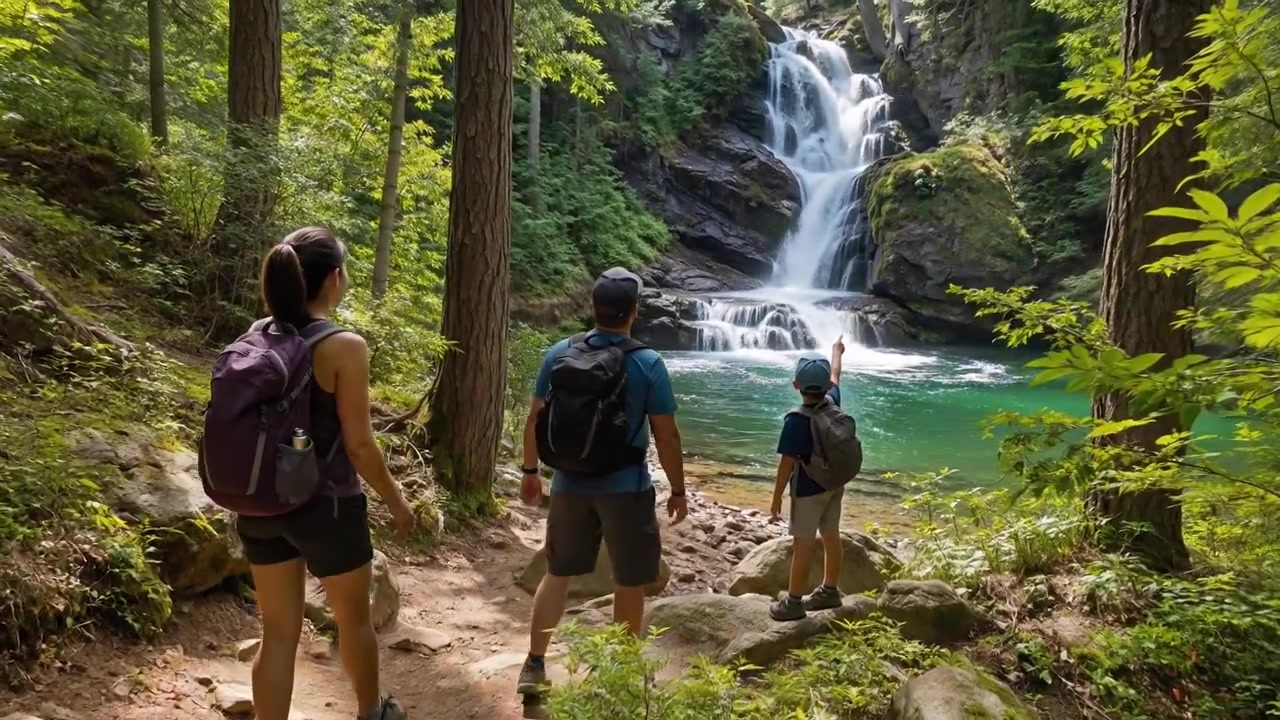 Família com uma criança fazendo trilha por uma floresta verde em direção a uma linda cachoeira