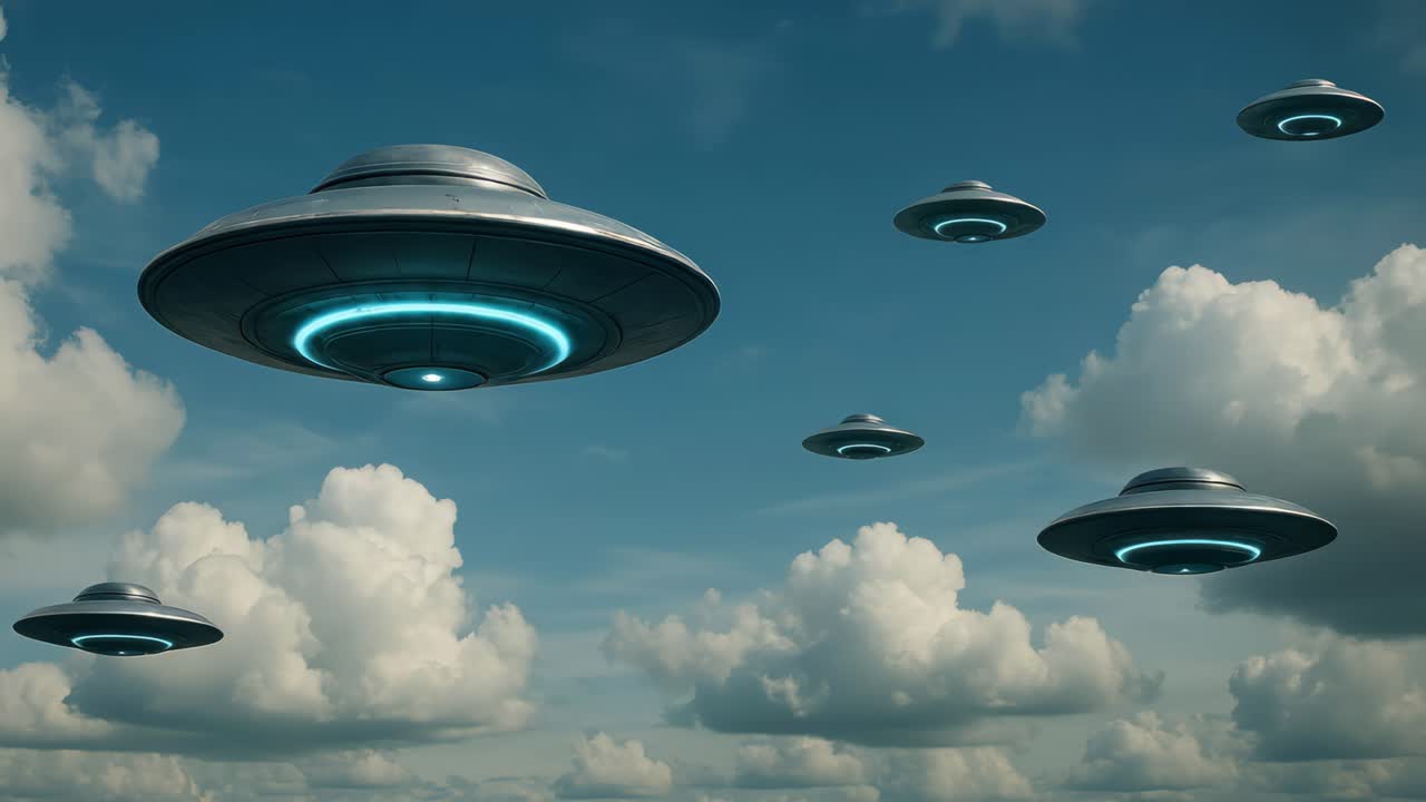 Futuristic UFOs hover in a cloudy sky, captured from a low-angle shot