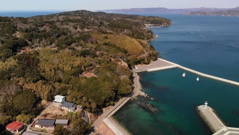 slow rotating aerial over port next to beautiful green island