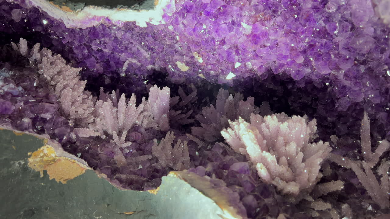 Interior de geodo de ametista apresentando formações delicadas de cristais pálidos entre aglomerados roxos em um close-up detalhado.