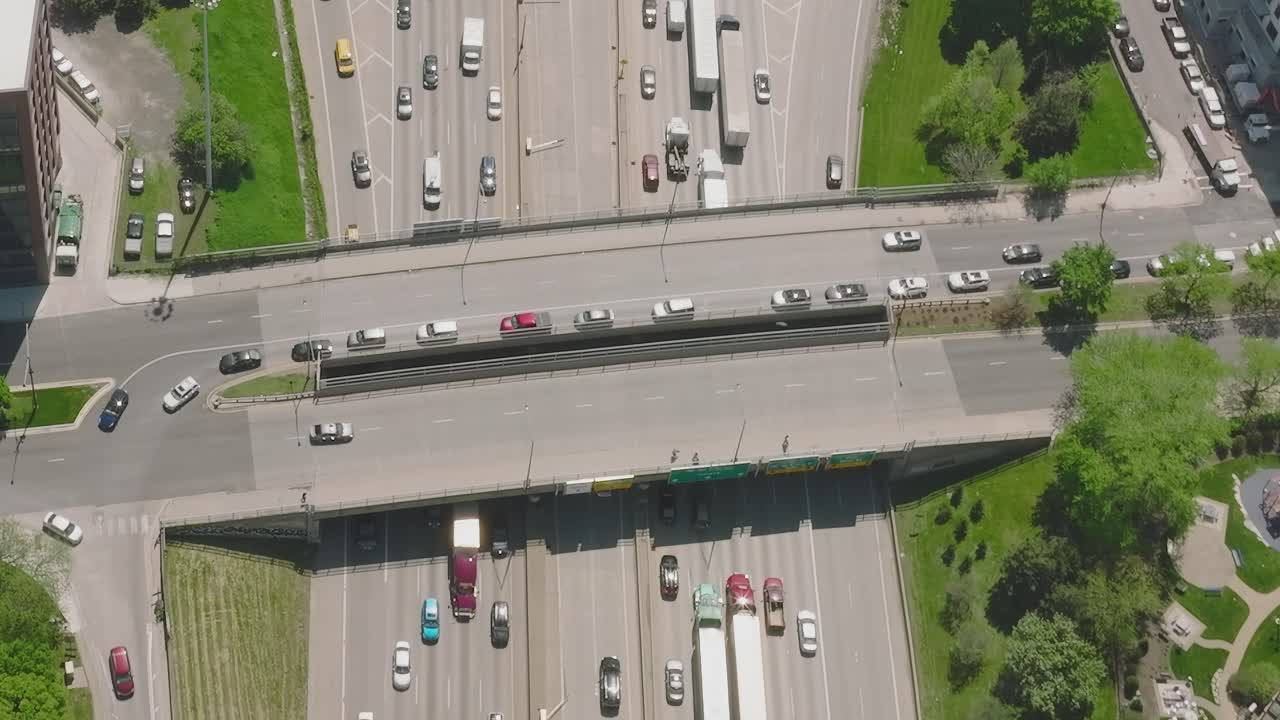 Busy traffic flows on highways in Chicago captured from above