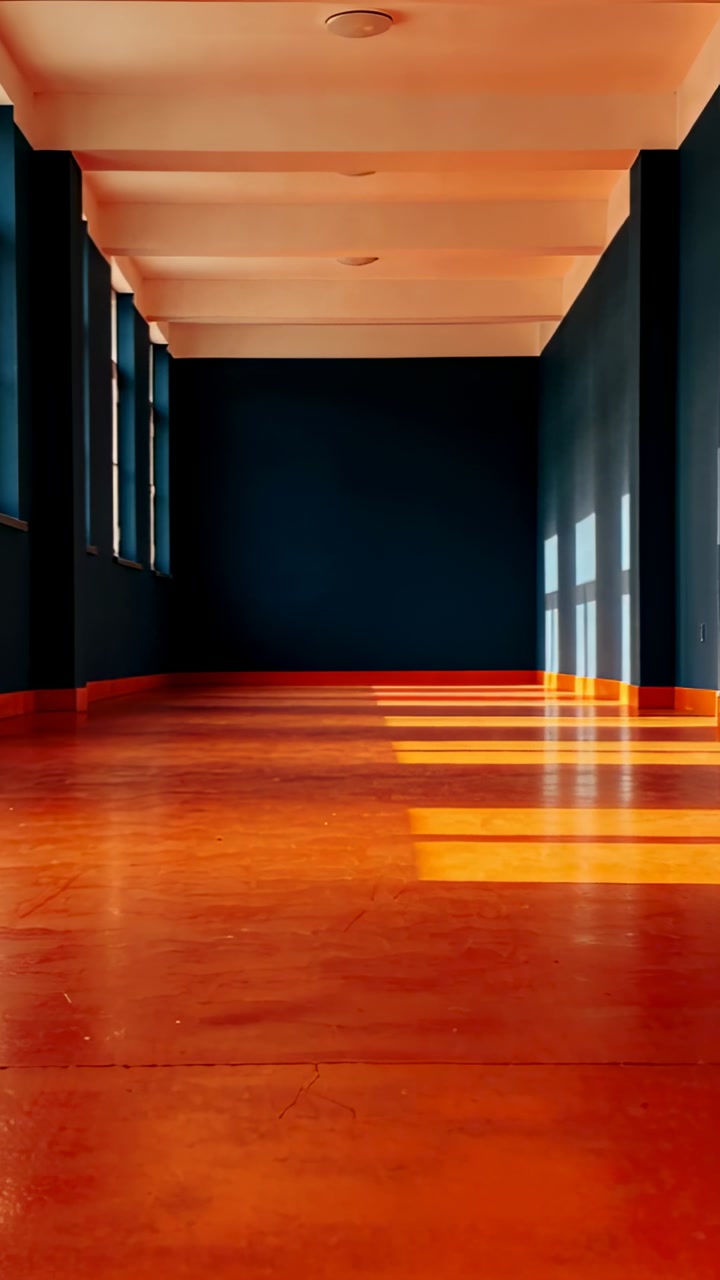 Vertical video: Camera pushing forward revealing corridor with left windows, shiny floor, sunlight