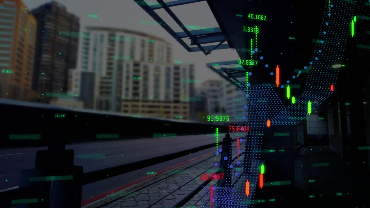 animación del procesamiento de datos financieros sobre la ciudad