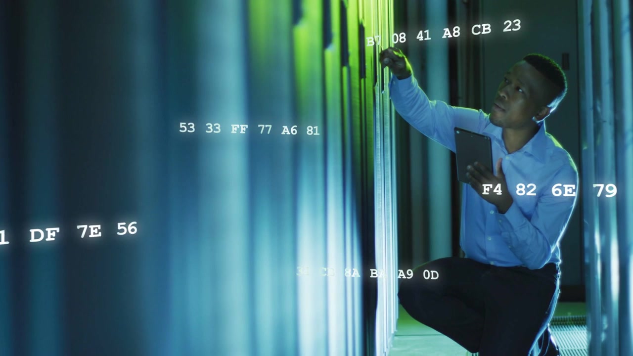 Datacenter tech kneeling, tapping tab and scanning rack, checking servers while hex codes streaming