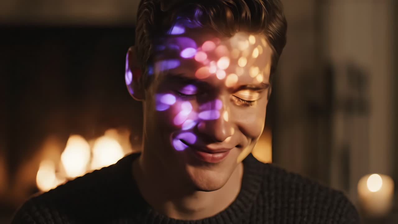 Man with Projected Light by Fireplace