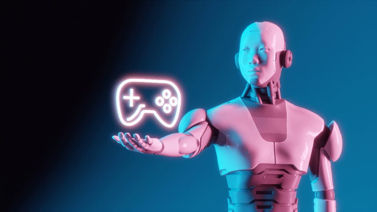 Tech-Savvy Evolution: Robot Presenting a Neon Game Controller