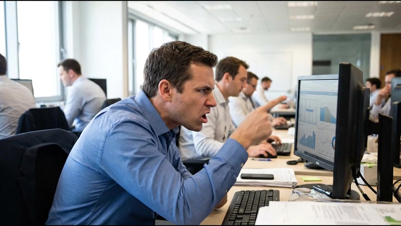 Frustrierter Geschäftsmann streitet am Computer in einem modernen Büro