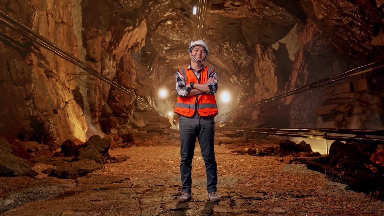 Full Body Of Asian Male Engineer With Safety Helmet Crossing His Arms And Smiling To Camera While Standing In Underground Mine Tunnel