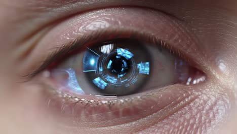 a close-up exploration of a futuristic eye with a high-tech digital interface highlighting the intersection of biology and technology