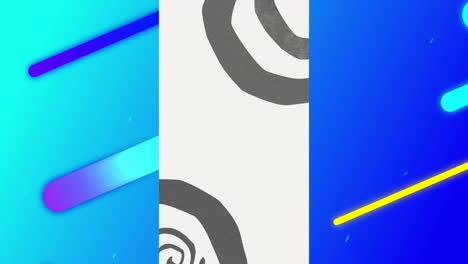animation of grey shapes over colourful lines on blue background