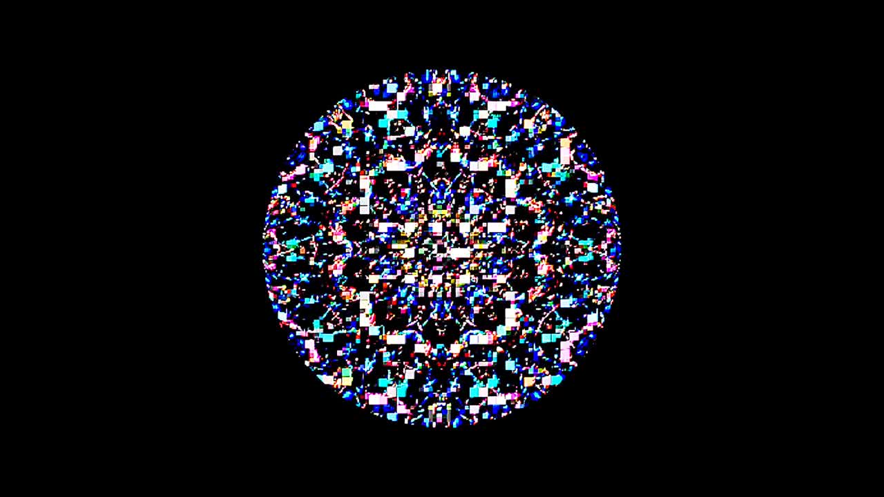 forma redonda animada de luces intermitentes multicolores, sobre un fondo negro