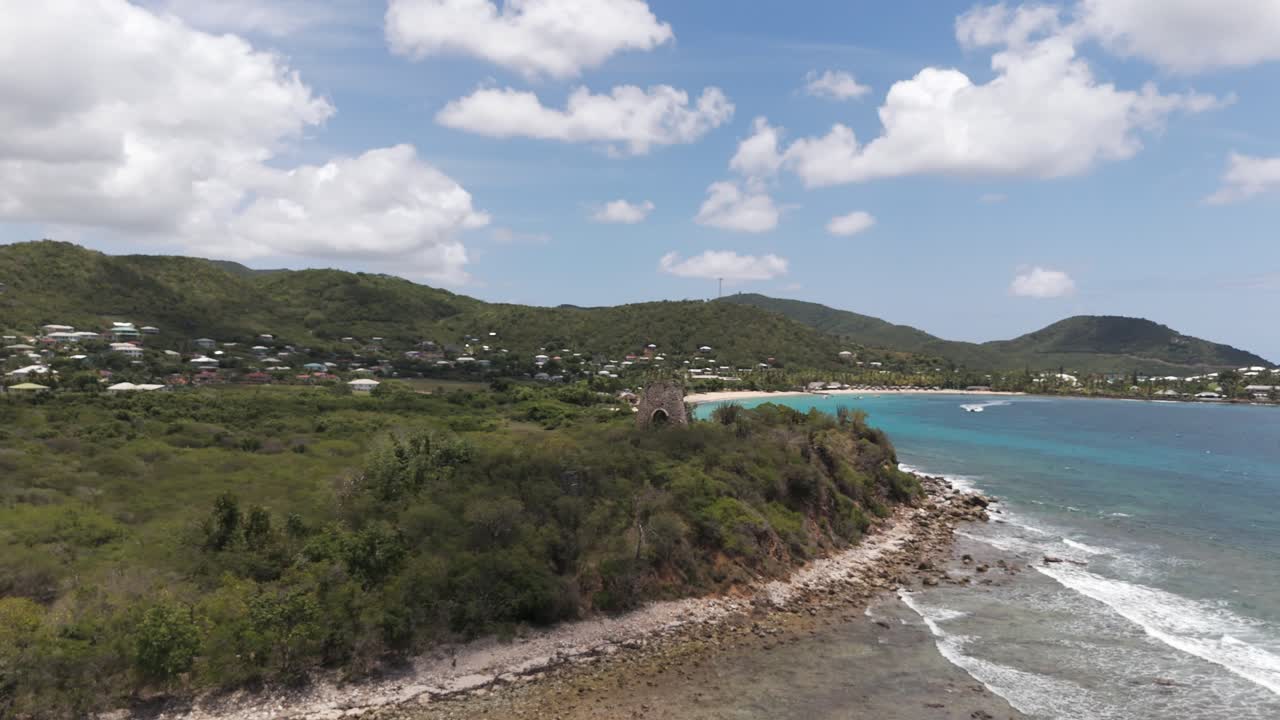 Aerial View of Tropical Coastline with Ruins