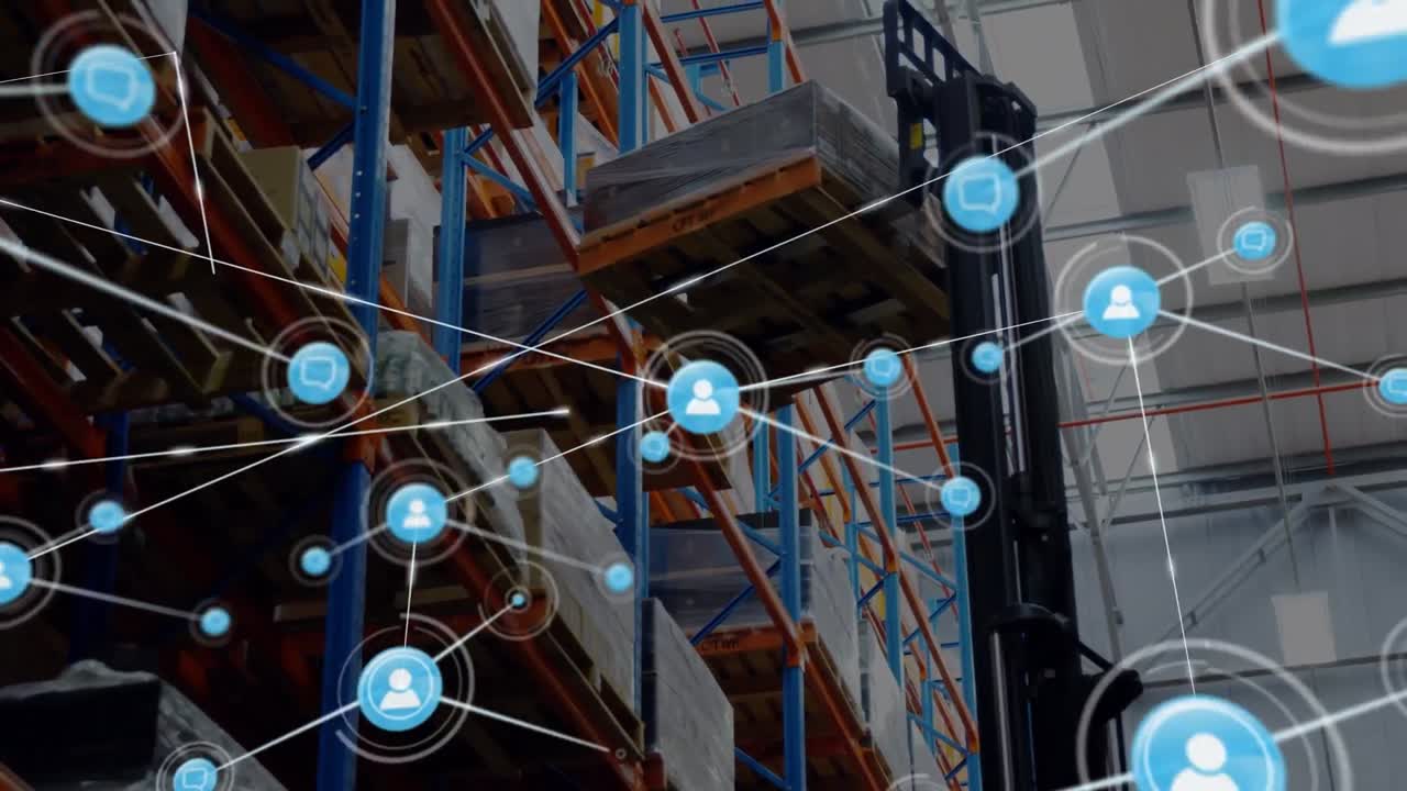animación de la red de conexiones con iconos sobre el almacén
