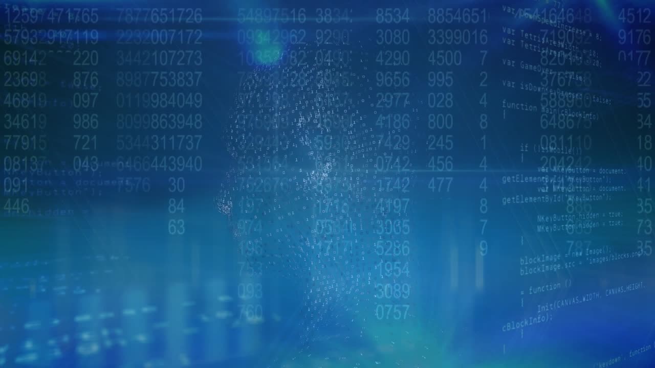 Animation of blue light trails and data processing over spinning human head model on blue background