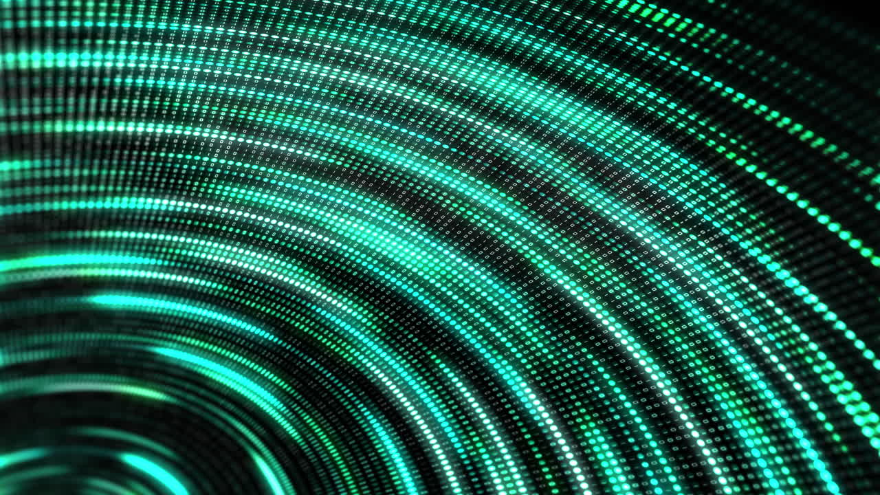 Rotating flowing and twisting light stripes. Green dots and binary code abstract background with glowing lines moving in circle. Looped animation.