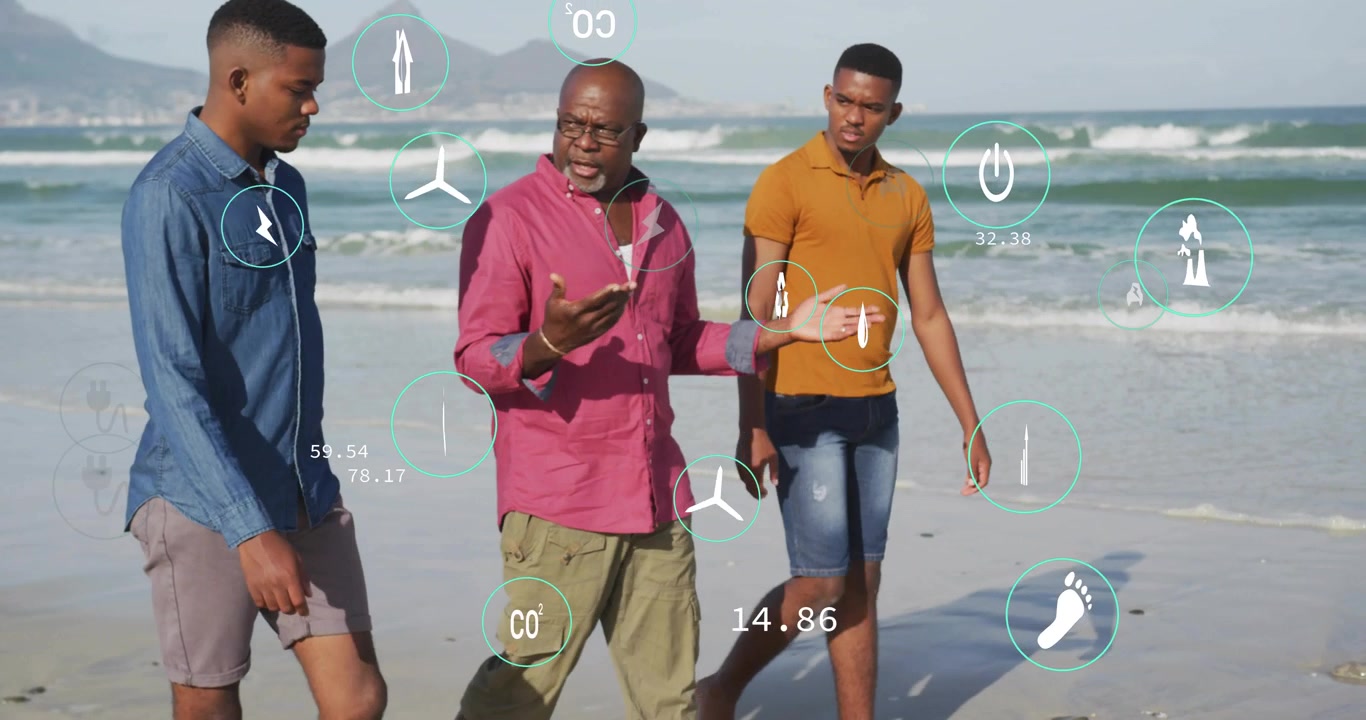 Älterer Mann führt einen Spaziergang am Strand und unterrichtet dabei, wobei animierte Energiesymbole um das Trio schweben.