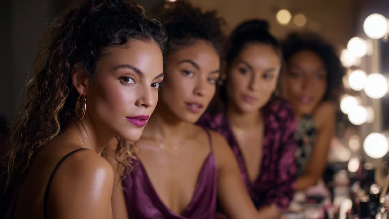 A Captivating Transformation: Four Women Prepare for a Glamorous Makeup Session in a Chic Vanity Setting, Showcasing Elegance and Style Under Soft Lighting and Glamorous Products