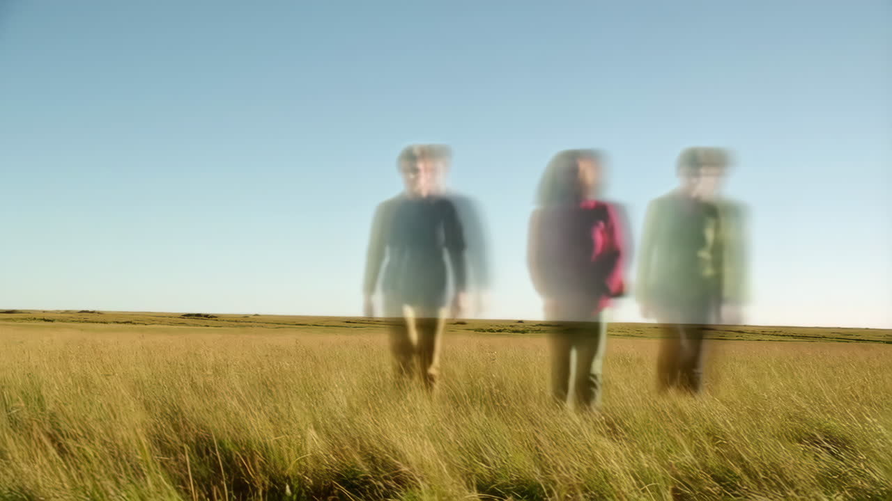 Three Blurred Figures Standing in a Grassy Field