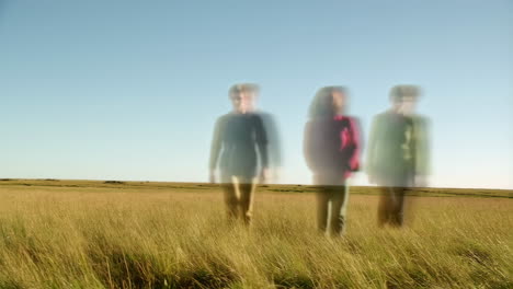 three blurred figures standing in a grassy field