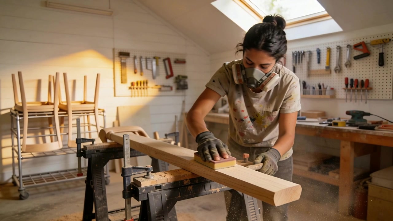Placing sanding block, woman with mask and gloves sanding long plank in attic shop, smoothing wood