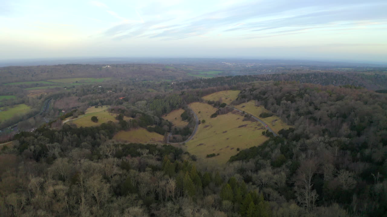 An aerial shot over Box Hill zig zags in Surrey, Dorking in the English countryside