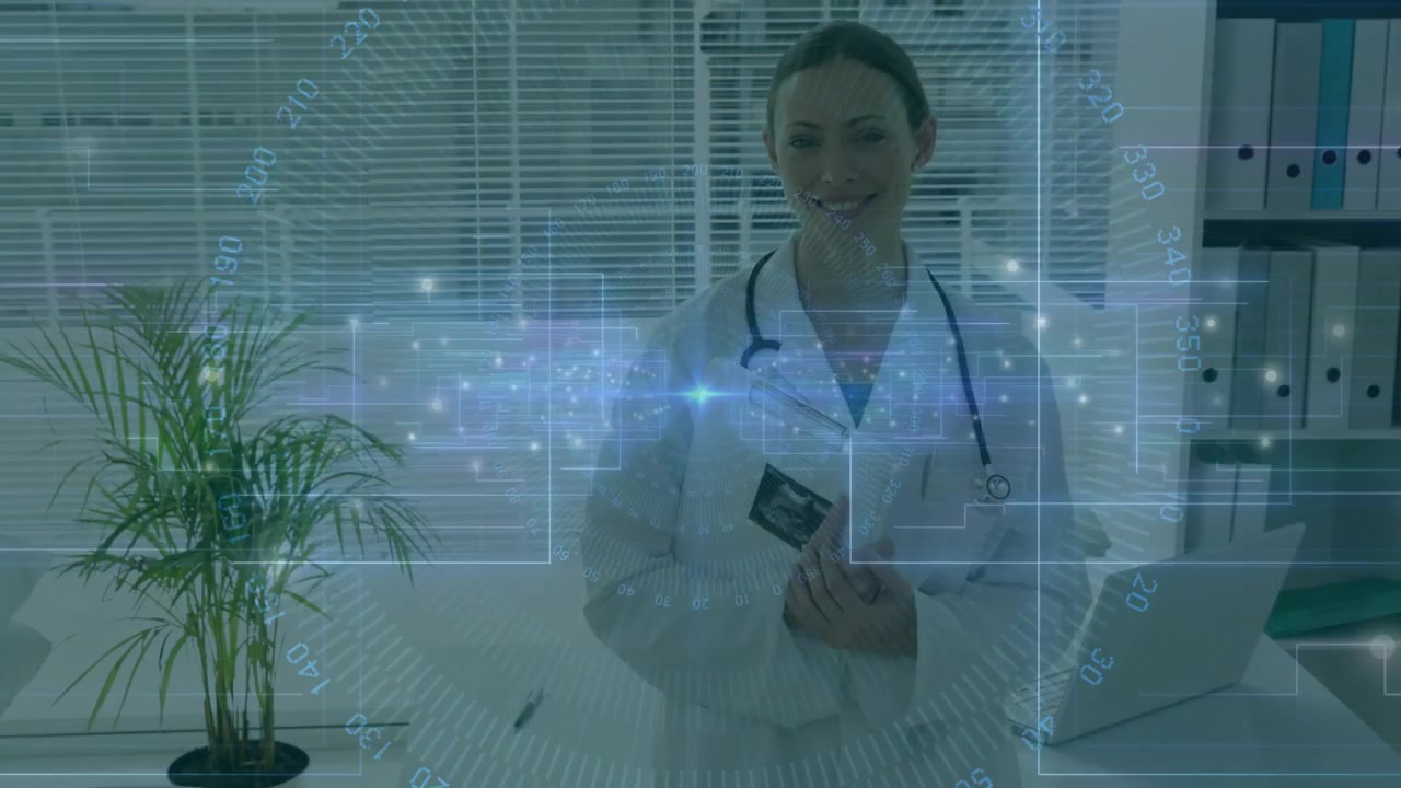Un'interfaccia sovrapposta appare, facendo sì che un clinico in camice da laboratorio con stetoscopio aggiusti il badge identificativo, con un blocco note in clinica