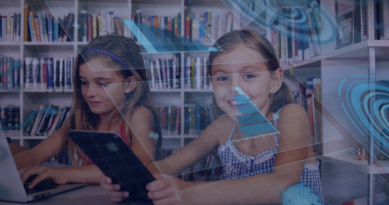 Two kids sitting school desk AR aligning over tablet causing right smiling left typing laptop study