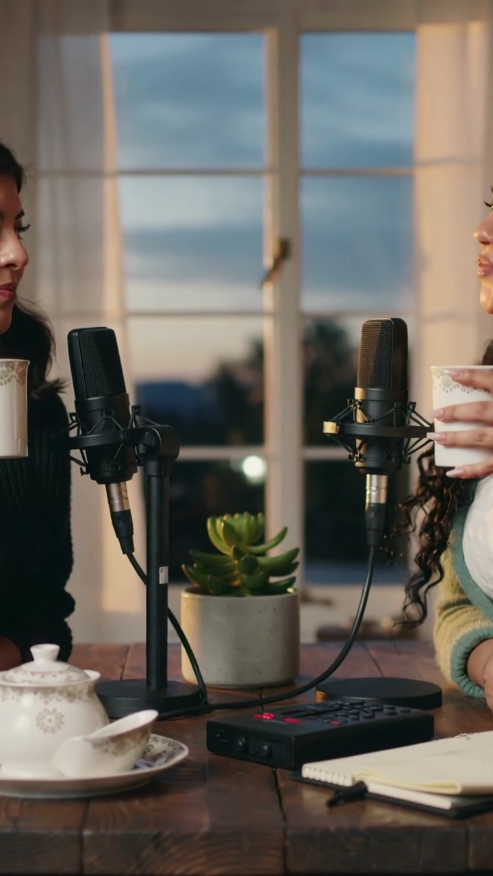 Vertical video: Raising mugs sparking hosts chat, two women in sweaters leaning to mics by window