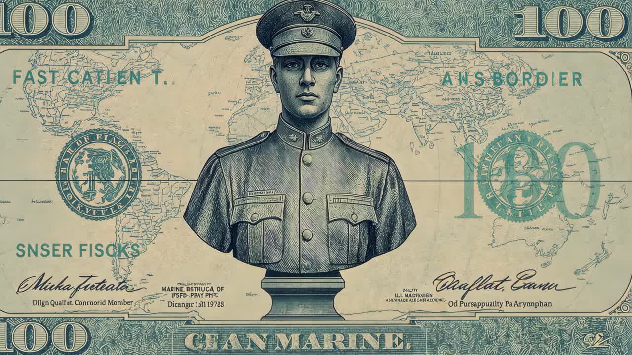 Military Portrait on Currency with World Map Background