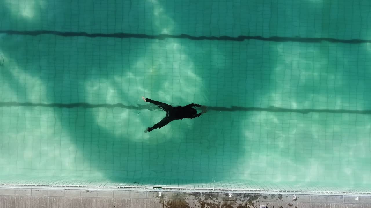 Due persone che si godono le vacanze estive e il fine settimana, una coppia che si rilassa e nuota in piscina. Vista da drone.