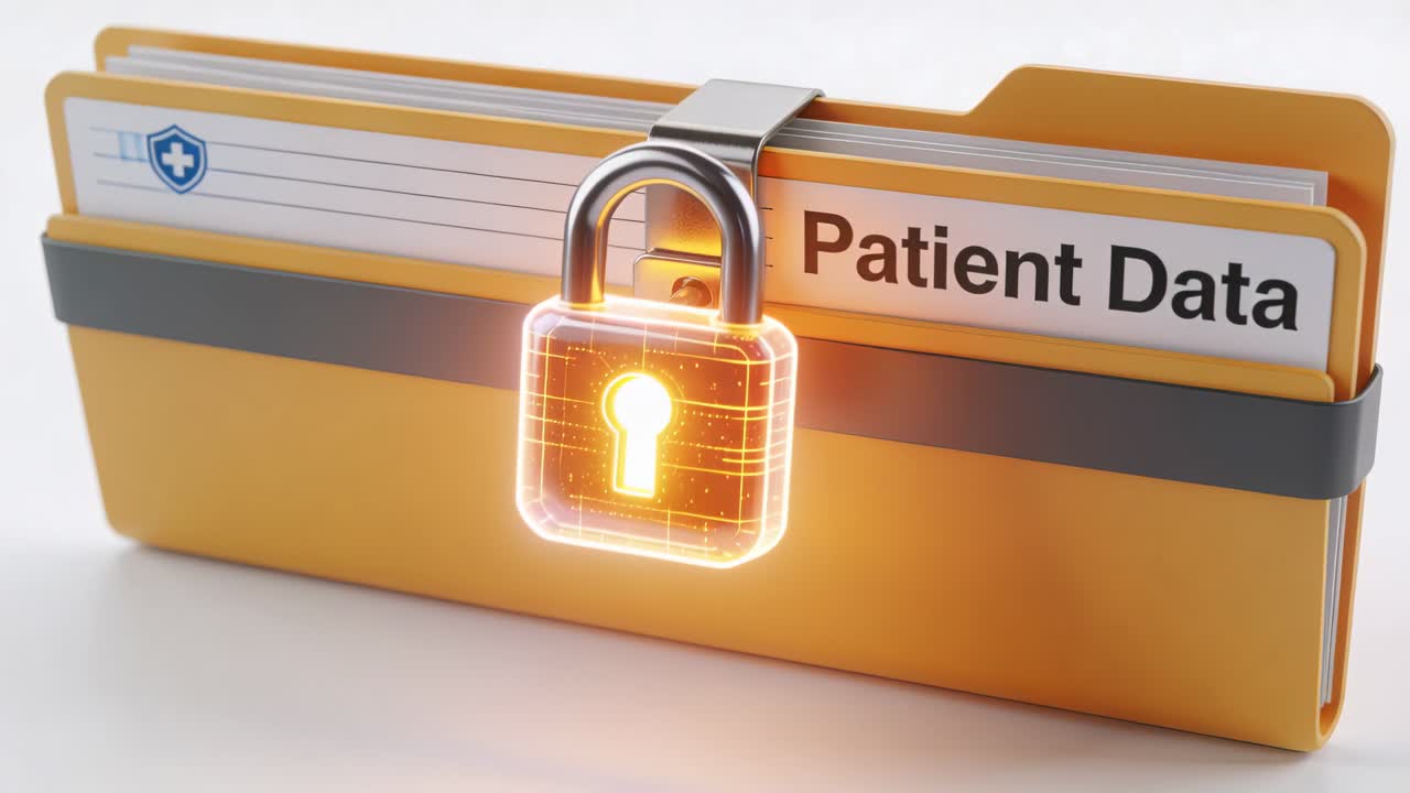 Padlock attaching to clasp, pulsing and signaling security on yellow Patient Data folder on table