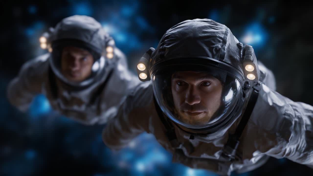 Utrolig rumudforskning: To astronauter svæver i kosmiske dybder omgivet af en betagende galaktisk baggrund med strålende stjerner og tåger