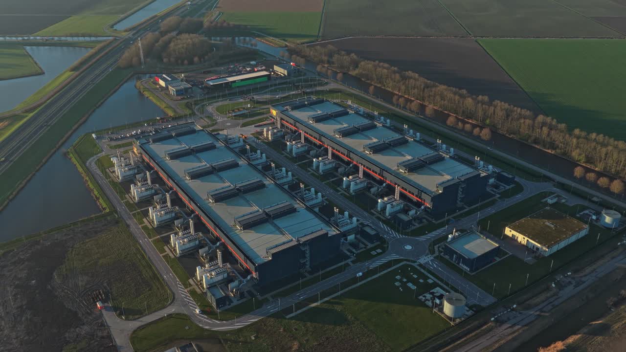 Aerial view of data center with cooling towers