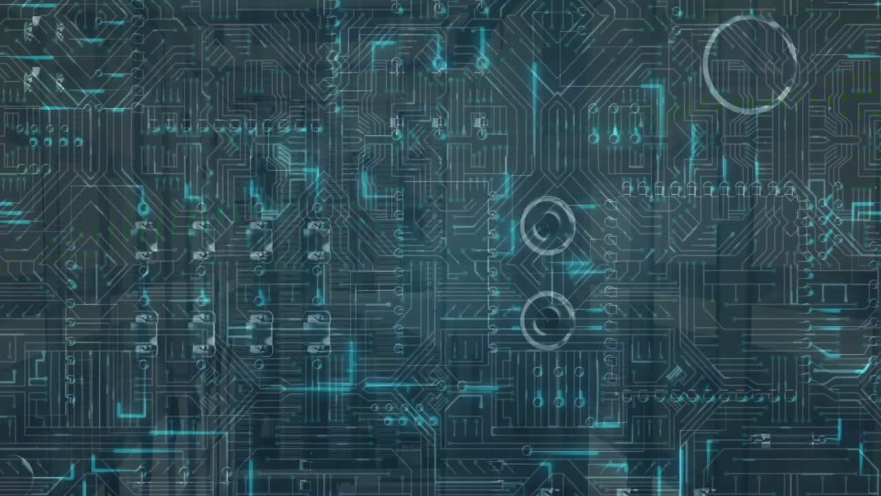 Animation of circuit board and digital data processing over computer servers